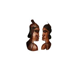 Rare Vintage African Handcarved Heads- Pair Of Wooden Wall Hangings